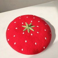 Red Strawberry Woolen Beret Hat - Thumbnail 1