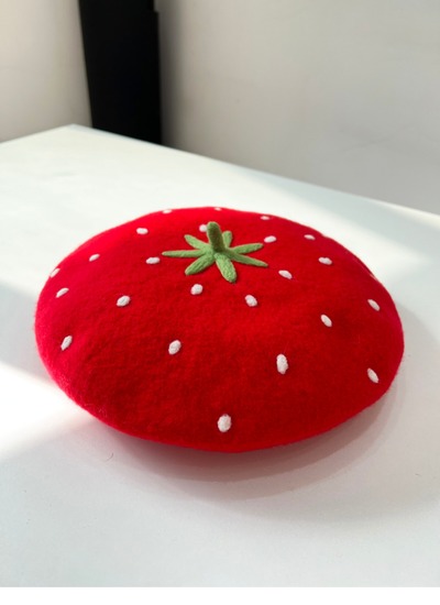 Red Strawberry Woolen Beret Hat