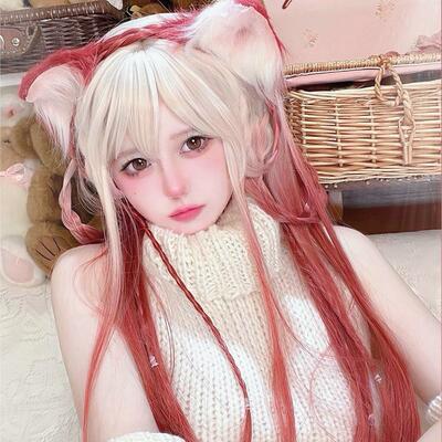 Beige red gradient long straight anime fox wig