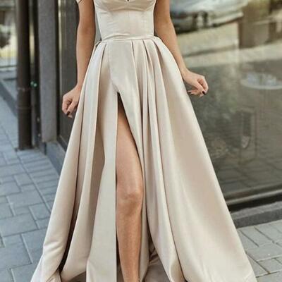 Simple satin off shoulder long prom dress 