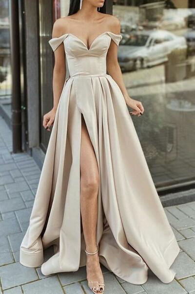 Simple satin off shoulder long prom dress 