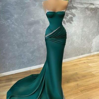 Mermaid green long evening prom dress with beading  - Thumbnail 2