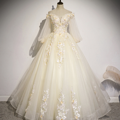 Champagne tulle lace long a-line ball gown - Thumbnail 1