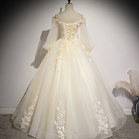 Champagne Tulle Lace Long A-Line Ball Gown - Thumbnail 3