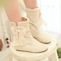 New Autumn and Winter Casual Versatile Sweet Bow Booties - Thumbnail 1