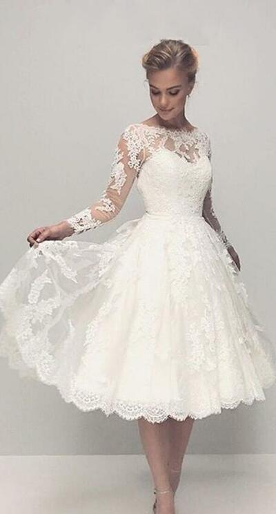 Modest Short Long Sleeve Lace Wedding Dresses