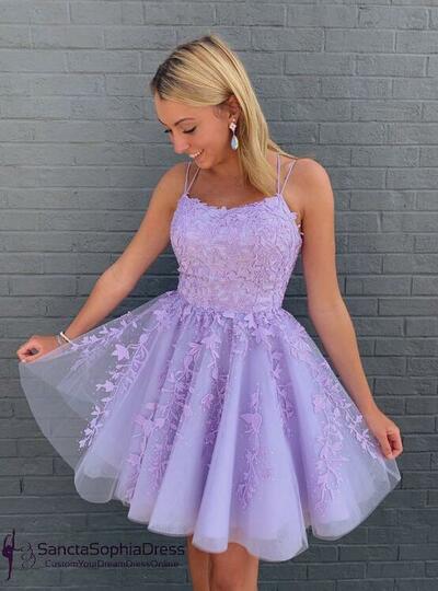 Sexy Straps Purple Short Homecoming Dress With Lace