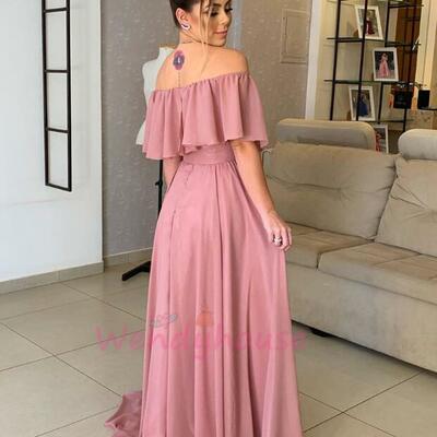 A line off the shoulder blush pink long formal dress - Thumbnail 4
