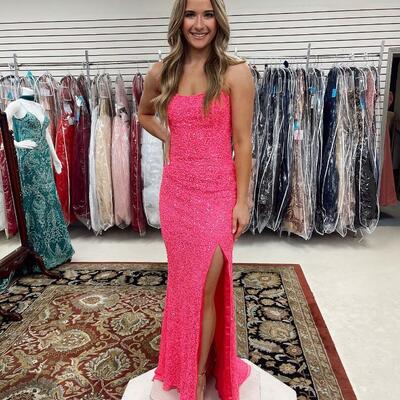 Hot pink straps mermaid sequins long prom dresses - Thumbnail 1