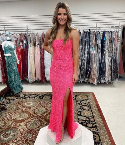 Hot Pink Straps Mermaid Sequins Long Prom Dresses
