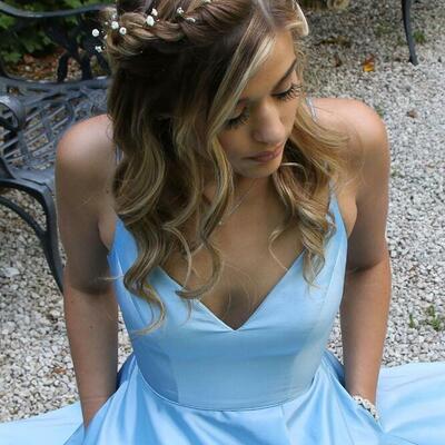 Elegant simple v neck blue stain long prom dress with pockets - Thumbnail 5
