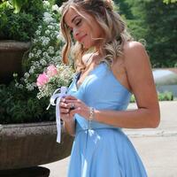 Elegant Simple V Neck Blue Stain Long Prom Dress with Pockets - Thumbnail 1
