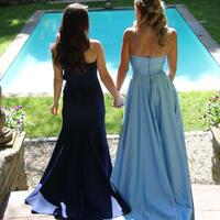 Elegant Simple V Neck Blue Stain Long Prom Dress with Pockets - Thumbnail 2