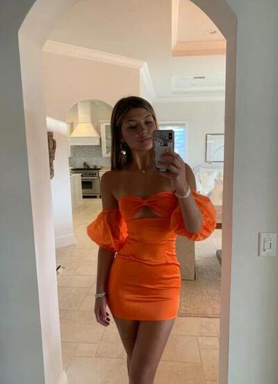 Cute Off Shoulder Orange Short Homecoming Dresses