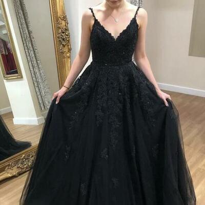 Straps black v neck lace prom evening dress