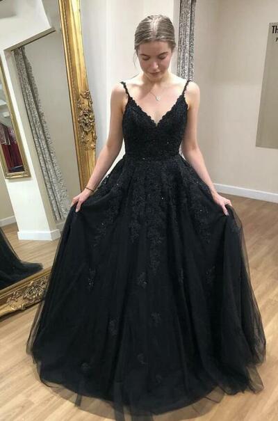 Straps Black V Neck Lace Prom Evening Dress