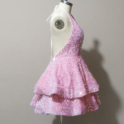 Halter pink sequin tiered short prom dress