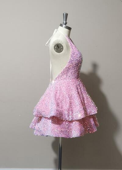 Halter Pink Sequin Tiered Short Prom Dress