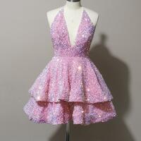 Halter Pink Sequin Tiered Short Prom Dress - Thumbnail 1