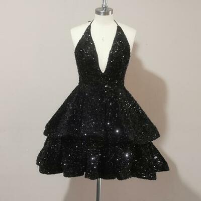 Sexy halter black sequin short homecoming dresses
