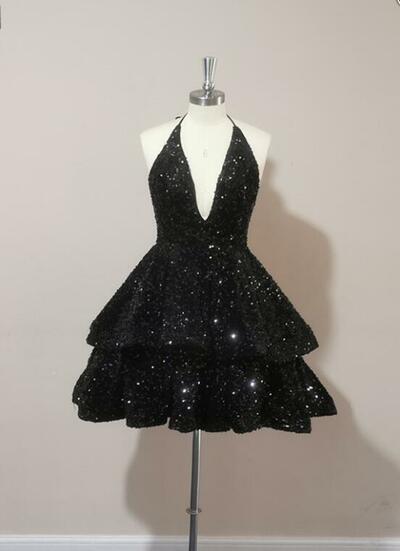 Sexy Halter Black Sequin Short Homecoming Dresses