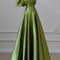 One Shoulder Green Satin Long Party Dress, Off Shoulder Prom Dress KPP1671 - Thumbnail 1
