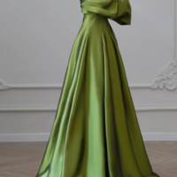 One Shoulder Green Satin Long Party Dress, Off Shoulder Prom Dress KPP1671 - Thumbnail 2