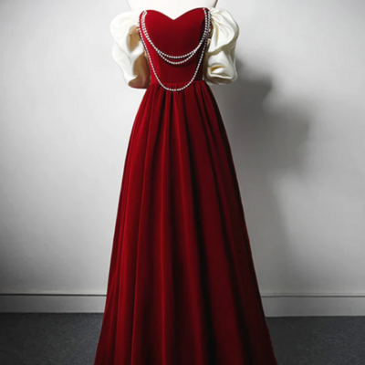 Burgundy a line off shoulder velvet lace long prom dress, burgundy long formal dress kpp1672