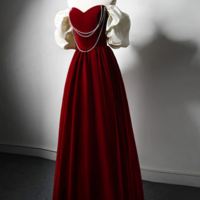 Burgundy A Line Off Shoulder Velvet Lace Long Prom Dress, Burgundy Long Formal Dress KPP1672 - Thumbnail 2