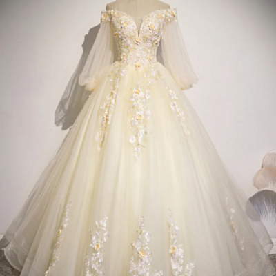 Champagne tulle lace floor length prom dress, off shoulder long sleeve evening dress kpp1673