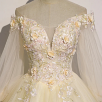 Champagne Tulle Lace Floor Length Prom Dress, Off Shoulder Long Sleeve Evening Dress KPP1673 - Thumbnail 1