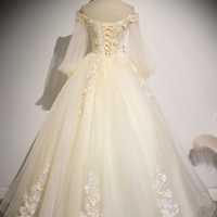 Champagne Tulle Lace Floor Length Prom Dress, Off Shoulder Long Sleeve Evening Dress KPP1673 - Thumbnail 2