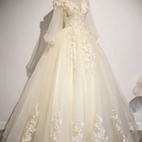 Champagne Tulle Lace Floor Length Prom Dress, Off Shoulder Long Sleeve Evening Dress KPP1673 - Thumbnail 3