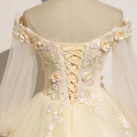 Champagne Tulle Lace Floor Length Prom Dress, Off Shoulder Long Sleeve Evening Dress KPP1673 - Thumbnail 4
