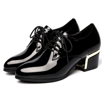 England Souvenir Elegant Noble Patent Leather Thick Square High Heels Lace-up Woman Retro Pumps Loafer Shoes  - Thumbnail 8
