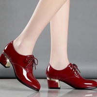 England Souvenir Elegant Noble Patent Leather Thick Square High Heels Lace-up Woman Retro Pumps Loafer Shoes  - Thumbnail 3