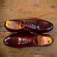 Handmade leather oxfords shoes premium leather burgundy patina lace up toe cap shoes for men - Thumbnail 2