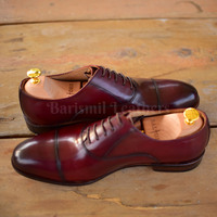 Handmade leather oxfords shoes premium leather burgundy patina lace up toe cap shoes for men - Thumbnail 3