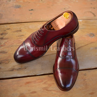 Handmade leather oxfords shoes premium leather burgundy patina lace up toe cap shoes for men - Thumbnail 4