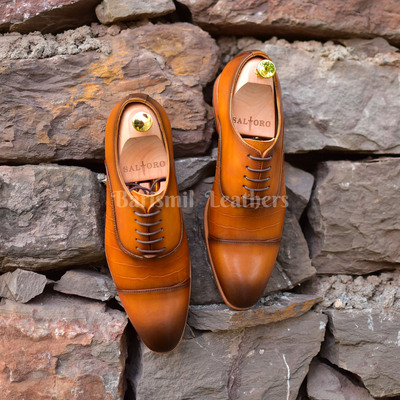 Handmade oxfords original leather tan with toning lace up dress shoes for men