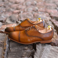 Handmade oxfords original leather tan with toning lace up dress shoes for men - Thumbnail 2