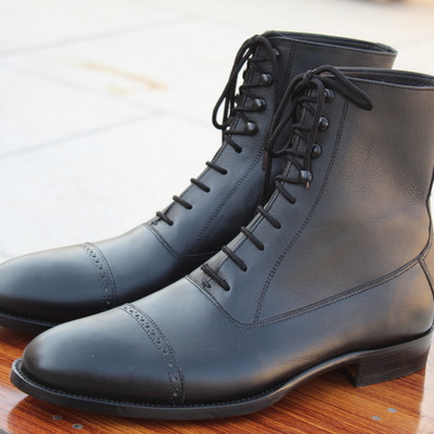 Crafted leather handmade black calf leather ankle high lace up dress boot - Thumbnail 3