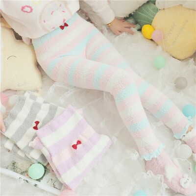 Cute rainbow striped coral velvet pajama pants leggings warm pants
