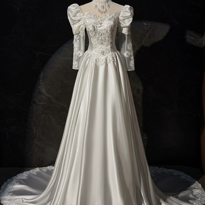 A-line satin lace long sleeve prom dress, elegant white high neck evening prom dress - Thumbnail 2