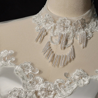 A-Line Satin Lace Long Sleeve Prom Dress, Elegant White High Neck Evening Prom Dress - Thumbnail 5