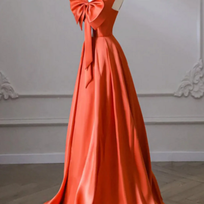 Orange long satin prom dresses with bow, oranage long satin formal evening dresses kpp1674