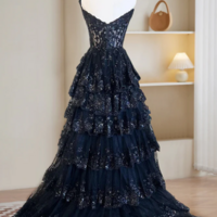 A Line Tulle Sequin Black Long Prom Dress, Black Sequin Long Formal Dress KPP1676 - Thumbnail 1
