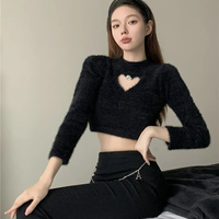 Hollow Heart Fluffy Cropped Top - Thumbnail 1