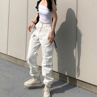 Stunning Vintage Pockets Drawstring Bottom Hem Harajuku Hippie Wide Leg Cargo Straight Trousers Y2K Streetwear Party Amazing - Thumbnail 6