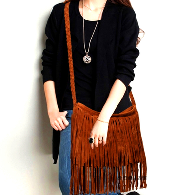 Stunning retro ethnic tassel messenger bag twisted shoulder strap zipper suede leather 90s y2k streetwear party fashion style amazing - Thumbnail 4